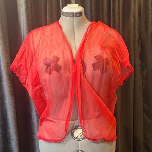 Sheer Red Short Sleeve Mesh Cover-Up Vintage